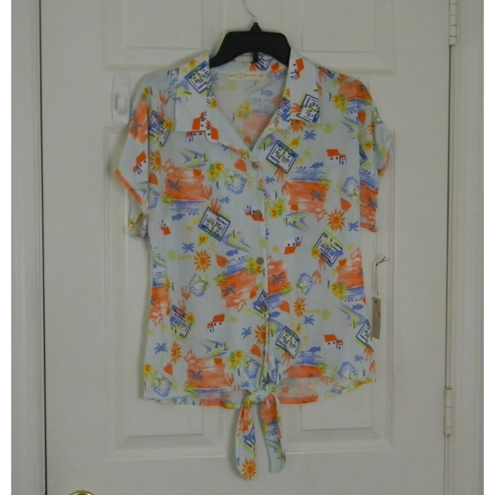 Fair Haven Womens Short Sleeve Top Button-Up Tie Front Floral Tropical Sz M NWT